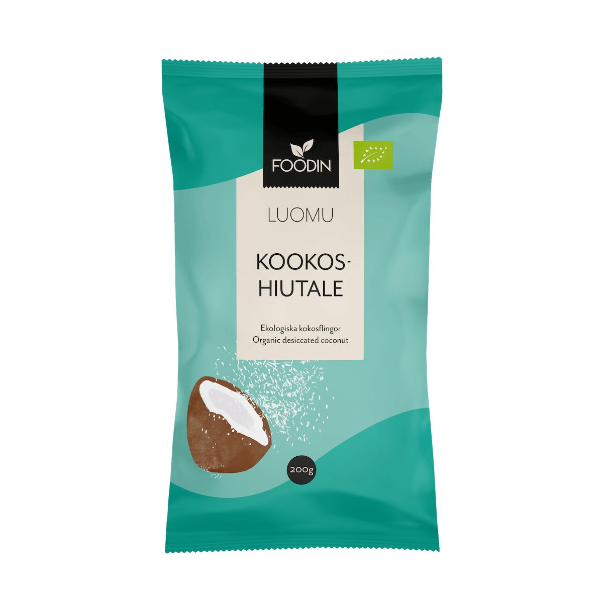 Foodin Luomu Kookoshiutale, 200 g; turkoosi, mattapintainen seisova pussi, teksti suomeksi ja englanniksi; etusivulla yksinkertainen kuvitus kokonaisesta kookospähkinästä ja siroteltuja valkoisia hiutaleita; pakkauksessa maininta gluteenittomuudesta; lihavoitua groteskitekstiä; tuote kuvattu vaalealla taustalla, ei ihmisiä tai muita esineitä.