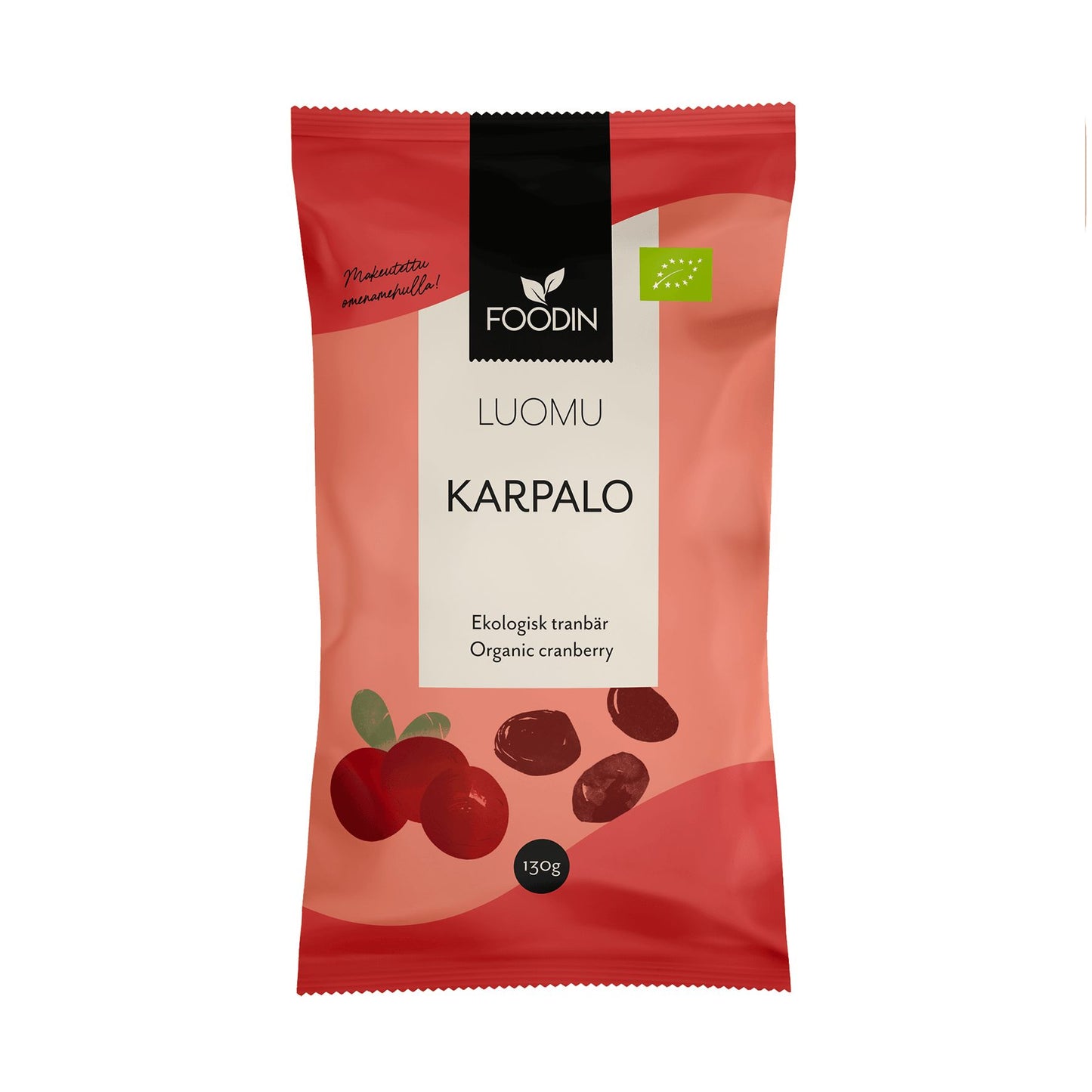 Foodin Luomu Kuivattu Karpalo, 130 g; punainen pussi kuvituksena karpaloita, mattapintaista muovia suorakulmaisena uudelleensuljettavalla yläosalla; pohjoismainen teksti lihavoidulla groteskikirjasimella, vihreä luomusertifiointimerkki näkyvissä; valkoinen tausta, ei ihmisiä tai rekvisiittaa kuvassa.