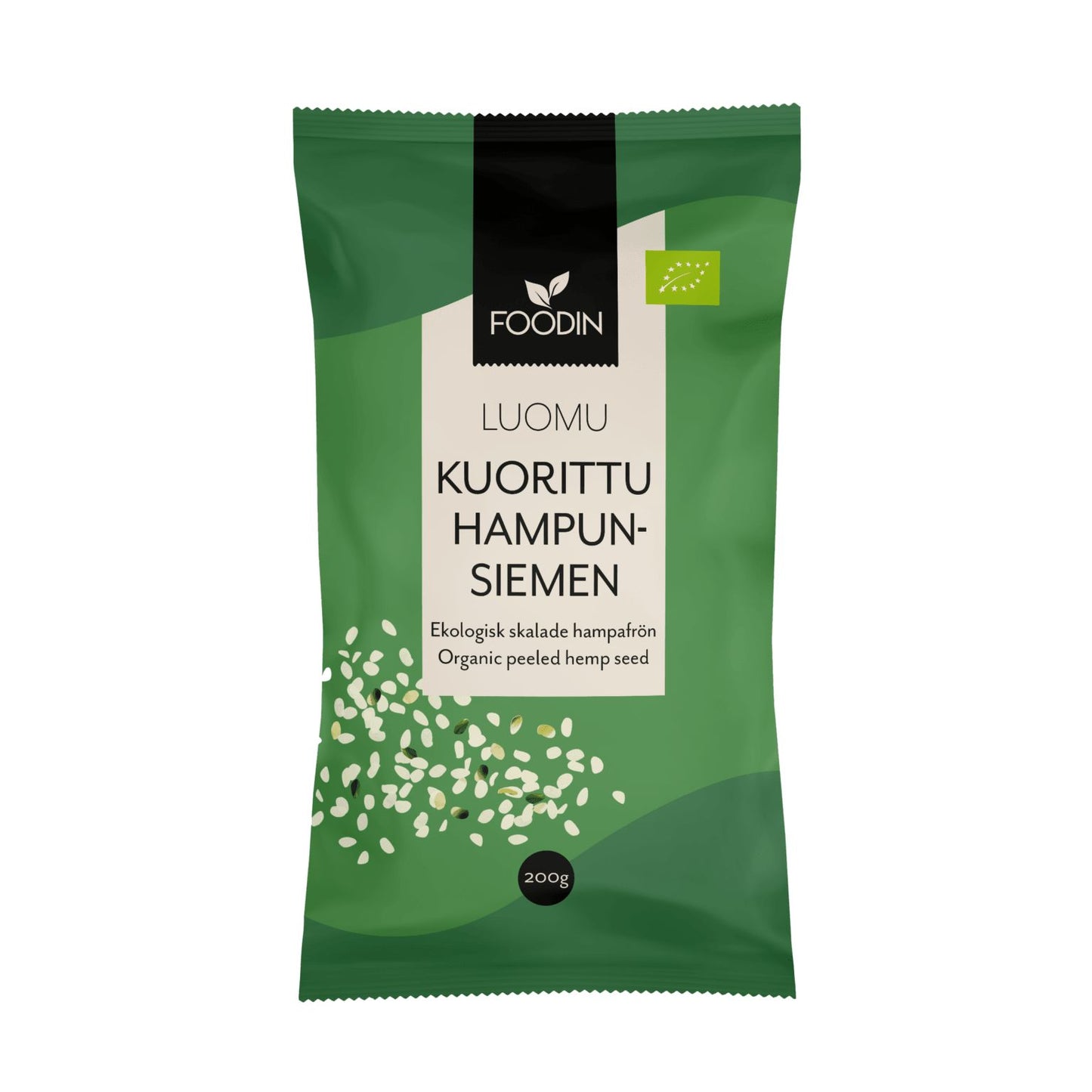 Foodin Luomu Kuorittu Hampunsiemen, 200 g; vihreä pakkaus, jossa hajallaan olevia hampunsiemeniä kuvattuna pakkauksen alaosassa; mattapintainen, suorakaiteen muotoinen, uudelleensuljettava pussi; valkoista ja kultaista lihavoitua groteskitekstiä; tuote kuvattu vaalealla taustalla, ei ihmisiä.