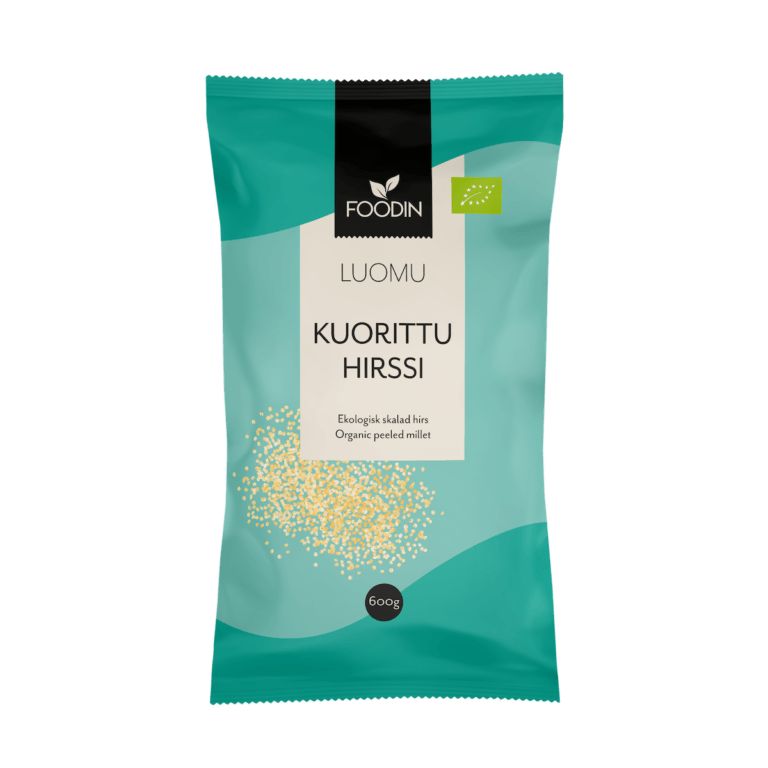 Foodin Luomu Kuorittu Hirssi, 600 g; sinivihreä-vaaleansininen pakkaus, jossa hirssinjyväkuvitus; mattapintainen, suorakulmainen pakkaus; tuotetiedot selkeällä valkoisella groteskitekstillä pääetiketissä; vaalea harmaa tausta, ei ihmisiä; kuvassa näkyy tuotteen koko etusivu.