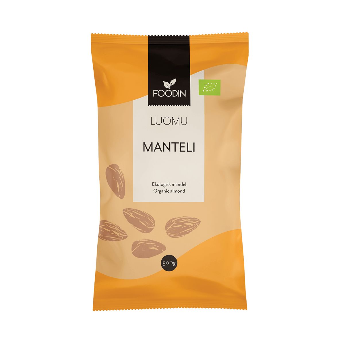 Foodin Luomu Manteli -pakkaus, keltainen ja oranssi, kuvia manteleista, ilmoittaa sisältävän 500 g luomumanteleita; suorakulmainen joustava pussi mattapinnalla; selkeää lohkokirjasinta valkoisella ja mustalla etupuolella; ei näkyvää taustaa tai ympäristöä, tuote yksin pystyssä, ei ihmisiä tai käsiä kuvassa.