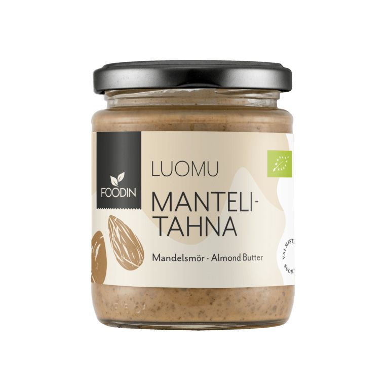 Foodin Luomu Mantelitahna -purkki, lasinen, musta muovikansi, beige mattaetiketti realistisin mantelikuvin; minimalistinen groteskiteksti suomeksi ja englanniksi