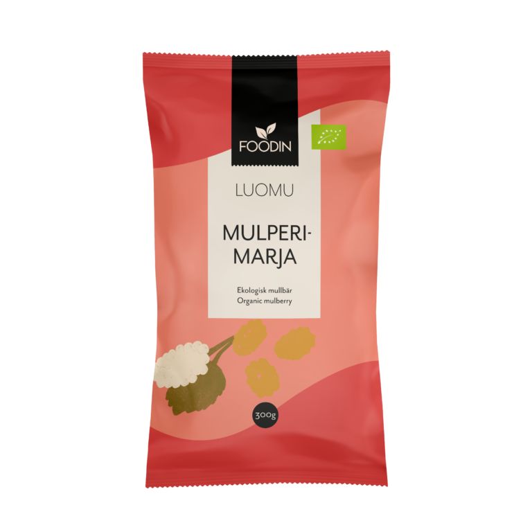 Foodin Luomu Mulperi-marjat -pussi, 300 g, punainen, kuvitus mulperimarjoista ja lehdistä etupuolella; joustava mattapintainen pakkaus tasaisella pohjalla ja uudelleensuljettavalla yläosalla; etiketissä sekä suomen- että englanninkielistä tekstiä sekä luomusertifiointisymboli; lihavoitua tekstausvapaata typografiaa brändinimessä; tausta neutraali ja yksinkertainen; tuote keskitettynä studiokuvassa.