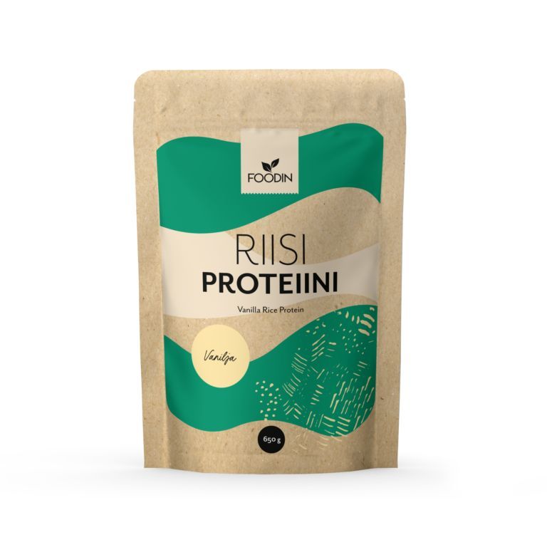Foodin Riisiproteiini Vanilja -uudelleensuljettava pussi vihrein ja valkoisin kuvioin, sisältää vaniljanmakuista riisiproteiinijauhetta, 650 g, kuvattuna valkoisella taustalla; pussi mattapintainen ja seisoo pystyssä suorin reunoin; tuotetiedot painettu selkeällä tekstausvapaalla fontilla; ei ihmisiä tai käsiä kuvassa; kuva keskitetty ja hyvin valaistu neutraalia taustaa vasten.