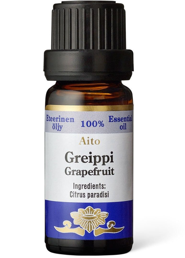 Frantsila Eteerinen Öljy - Greippi -pullo, ruskea lasi, musta korkki, sininen-valkoinen kiiltäväpintainen etiketti; ainesosana Citrus paradisi, sylinterinmuotoinen suorasivuinen pullo
