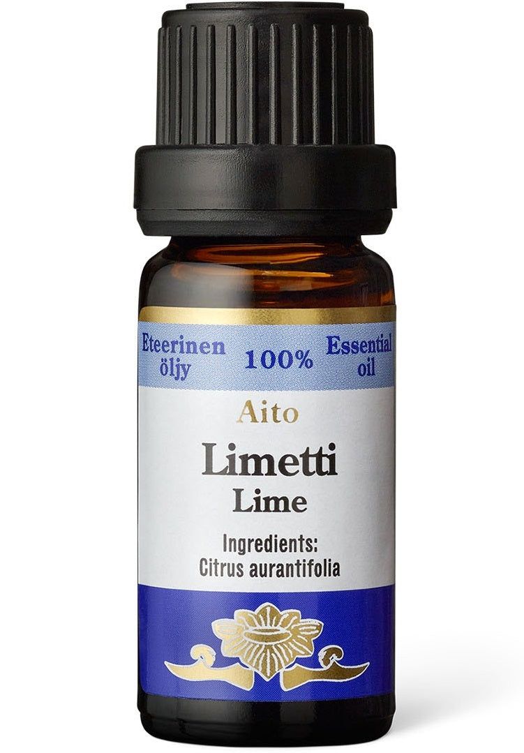 Frantsila Aito Limetti Eteerinen Öljy -pullo, pieni tumma lasipullo, sileä kiiltäväpinta, musta uritettu kierrekorkki; sininen-valkoinen-kultainen etiketti, ainesosana Citrus aurantifolia