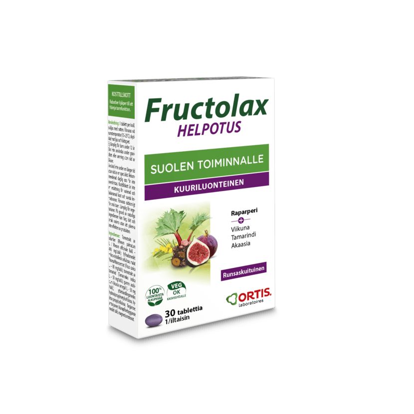 Fructolax Helpotus tabletit (Ortis) -pakkaus, valkoinen kiiltäväpintainen pahvirasia vihrein ja oranssein korostuksin; kuvia viikunoista, raparperinvarsista ja tamarindipaloista, suomenkielinen teksti, lihavoitu groteskiteksti