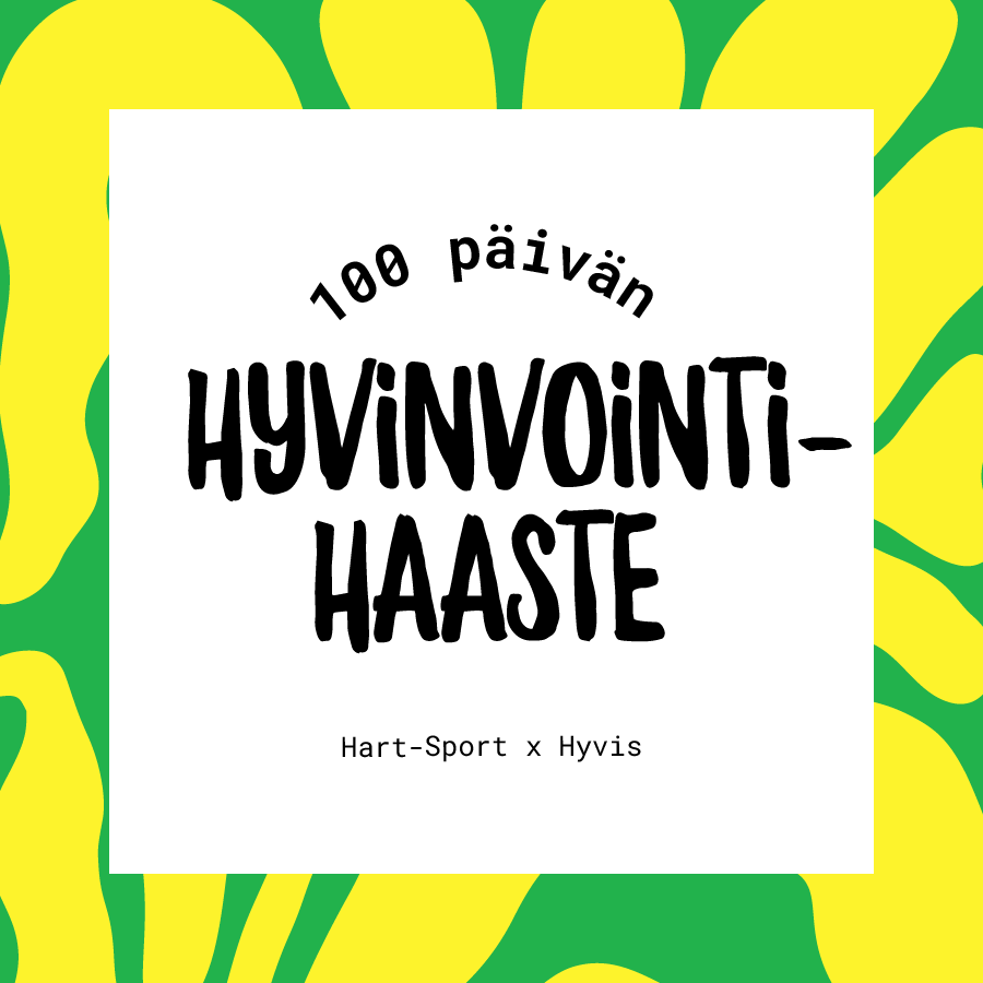 Hart-Sport Ultra Sleep Peach melatoniinipore: valkoinen neliö siistein reunoin, keskitetty lihavoitu suomenkielinen teksti pinnalla; taustassa selkeitä aaltokuvioita vihreässä ja keltaisessa sävyssä; kirjasin on groteskia ja tasavälistä; suomenkielinen teksti valkoisella neliöllä lukee "100 päivän hyvinvointihaaste" merkinnällä Hart-Sport x Hyvis, aseteltuna vihreä-keltaista aaltokuvioitua taustaa vasten; ei ihmisiä tai muita esineitä näkyvissä.