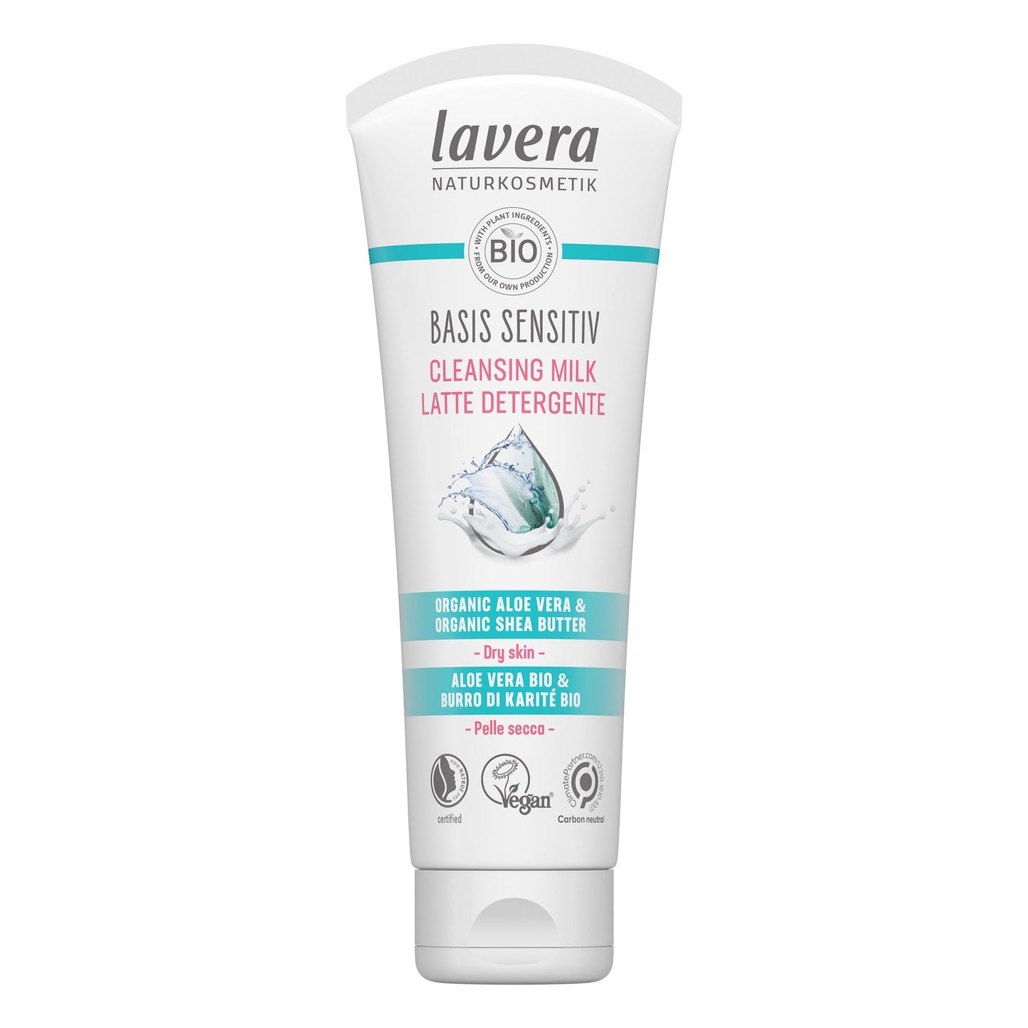 A white tube of Lavera Basis Sensitiv Cleansing Milk with aqua and gray accents, labeled for dry skin, featuring organic aloe vera and shea butter, marked vegan and certified organic. The plastic tube has a matte surface finish with bold sans-serif type in black and blue. Shot on a plain white background. No people or hands visible.
