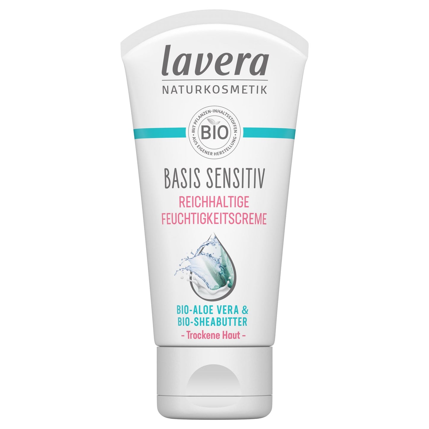 A tube of Lavera Basis Sensitiv moisturizing cream for dry skin, enriched with bio aloe vera and organic shea butter, featuring blue water splash artwork on a white background. The tube is white with a matte surface and features blue accents and simple sans-serif typography. The packaging shows the product name and ingredient highlights clearly on the front. No people or hands are visible. The product is photographed upright against a plain white backdrop in even lighting.
