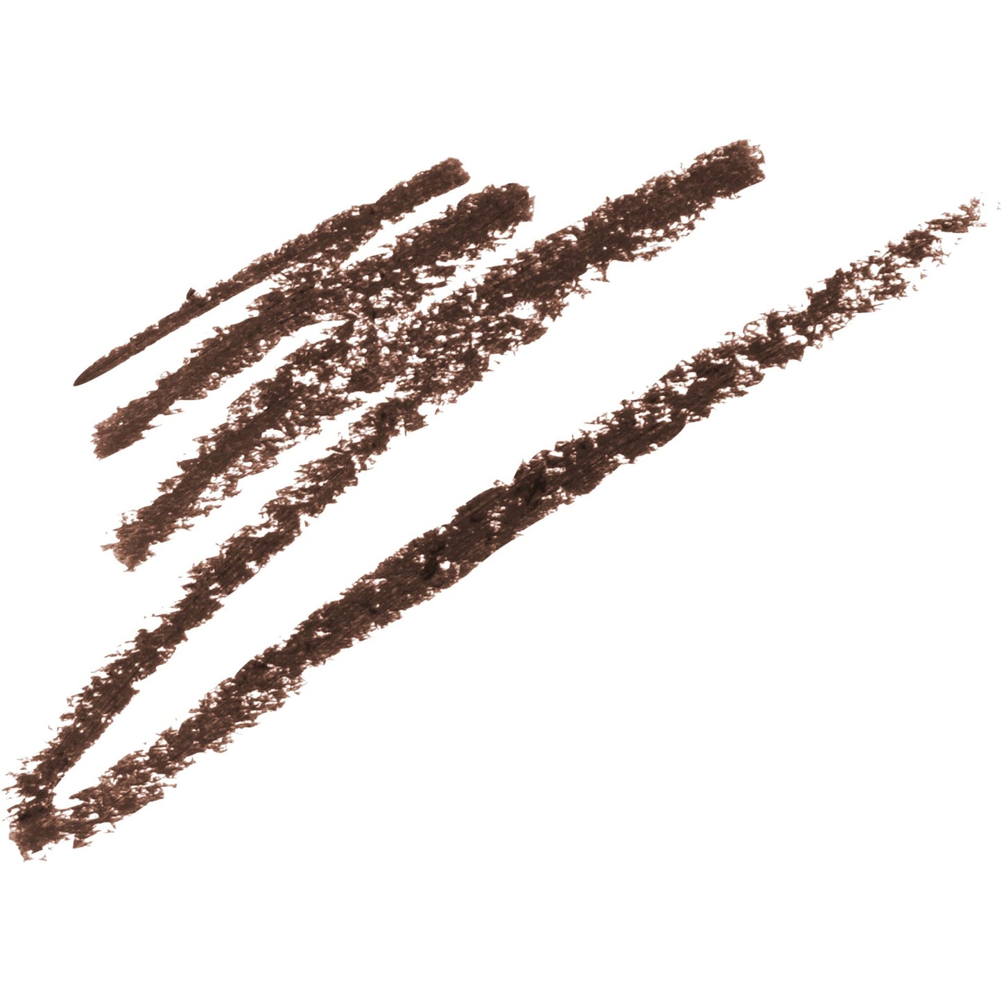 Four thick, textured brown lines drawn on a white background, resembling makeup swatches such as eyeliner or eyebrow pencil, each line showcasing varying intensity and application pressure. No product packaging or containers are present. The finish is matte with visible brush strokes. The image is shot overhead with no people, hands, text labels, or branding in view.