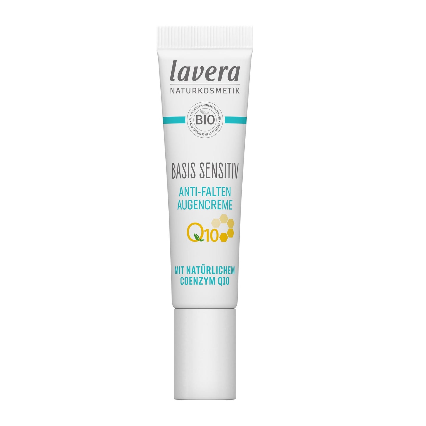 A tube of Lavera Basis Sensitiv Anti-Falten Augencreme with Q10, labeled as natural cosmetic and vegan, shown upright against a white background. The tube is white with blue accents, has a matte finish, and features sans-serif typography. No people or hands are visible. The image is a straightforward product shot with clear labeling on the front of the tube.