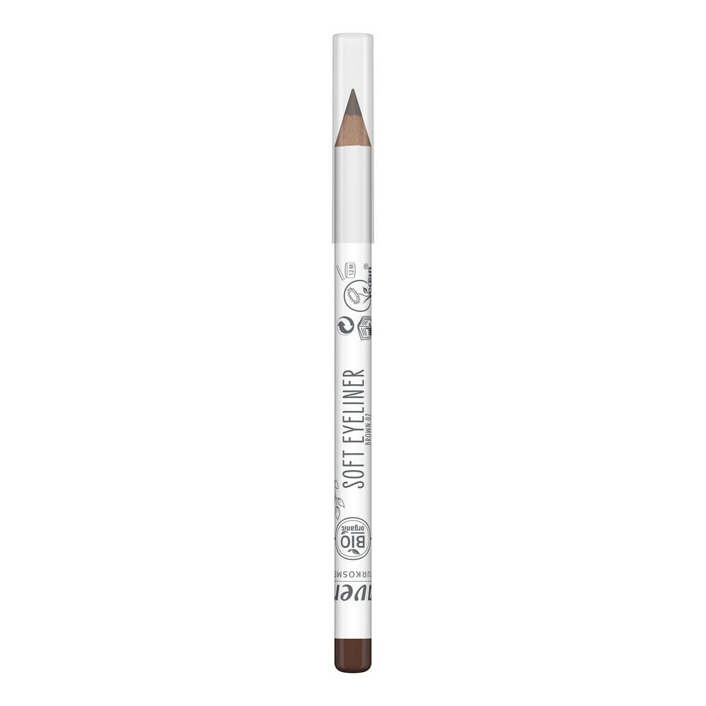 A brown soft eyeliner pencil with a clear cap, white cylindrical body, and matte finish. Grey printed product information and simple graphics are present in a sans-serif font on the body. Legible label text is printed in grey. The item is placed against a plain background with no other objects or people visible. This is a close-up product shot. A brown soft eyeliner pencil with a clear cap, white body, and product information and graphics printed in grey for precise and smooth application.