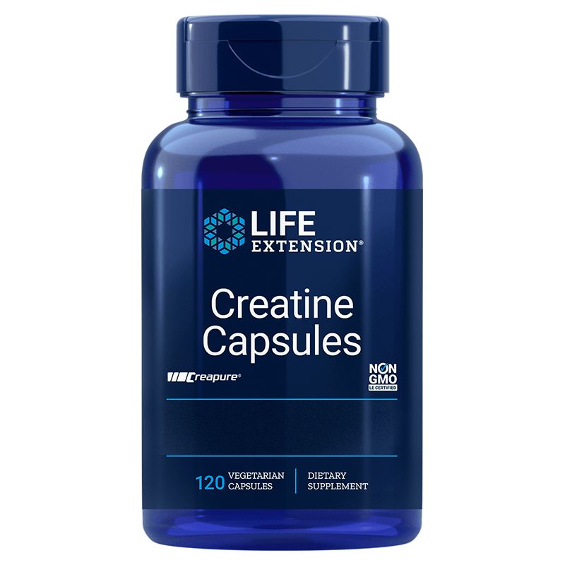 Life Extension Creatine; sininen muovipullo tekstillä "Life Extension Creatine Capsules", sisältää 120 kasviskapselia; pinta kiiltäväpintainen; etiketin teksti mainitsee muuntogeenittömyyden ja ravintolisän hyödyt selkeällä nykyaikaisella kirjasimella; pullo sylinterinmuotoinen ruuvikorkilla; valkoinen tausta, ei ihmisiä tai muita esineitä kuvassa.