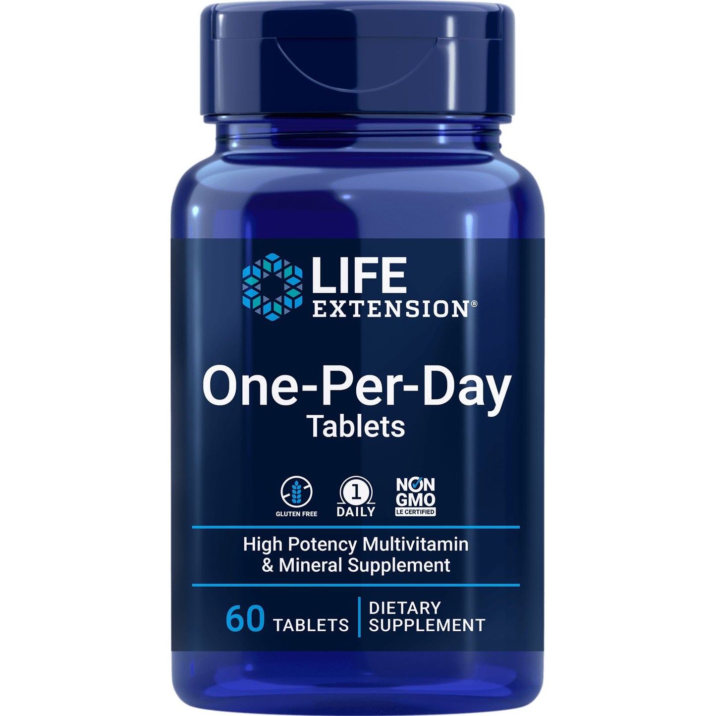 Life Extension One-Per-Day Tablets; sininen muovipullo Life Extension One-Per-Day -tabletteja, sylinterinmuotoinen mattaetiketillä; etuetiketissä valkoinen ja keltainen groteskiteksti: tuotenimi, "tehokas monivitamiini- ja kivennäisainevalmiste", "60 tablettia", "gluteeniton", "ei muuntogeeninen" sekä ravinnollisia väitteitä; ei ihmisiä tai käsiä kuvassa, neutraali studiotausta, tavanomainen tuotekuva.