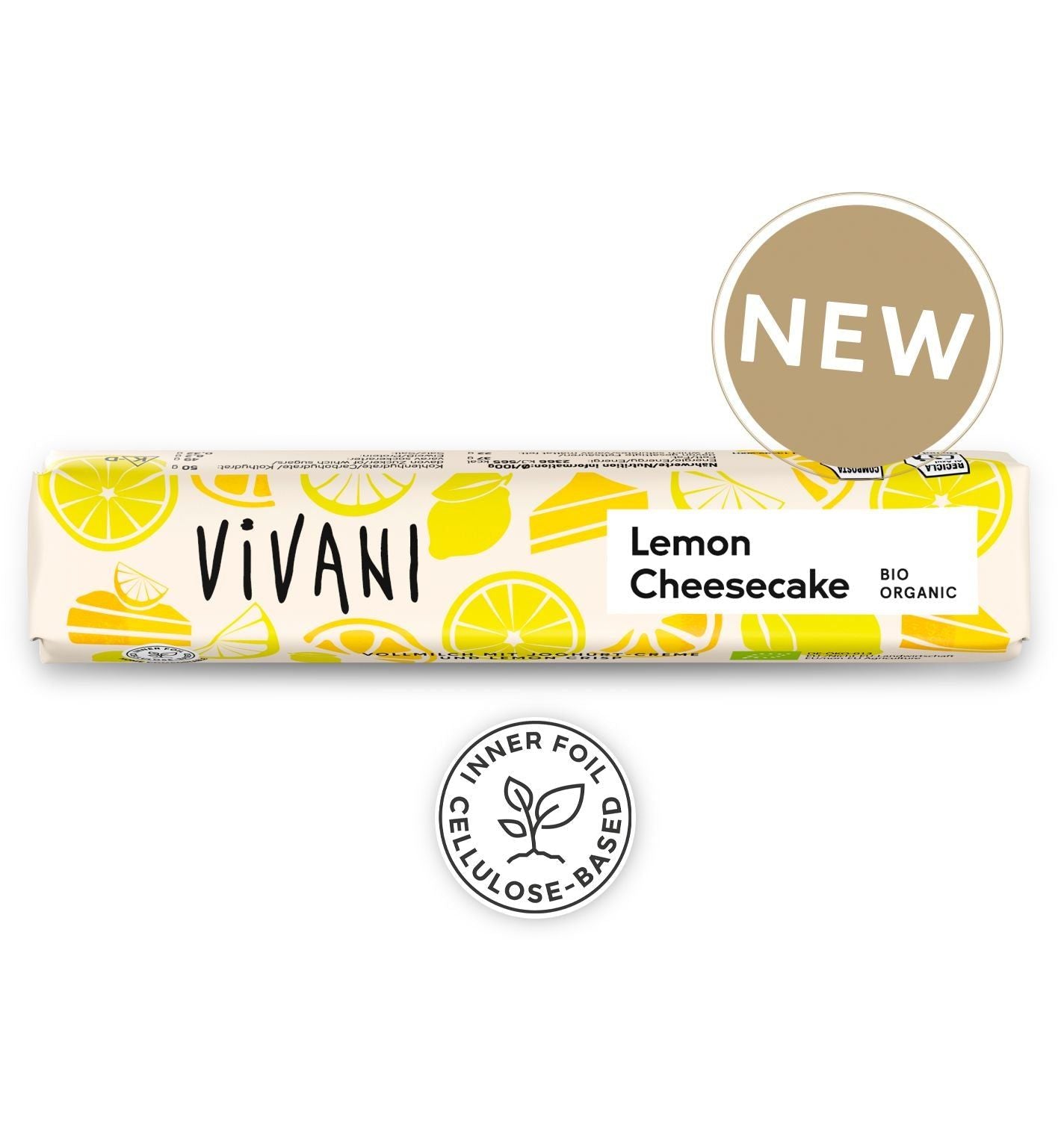 Vivani Luomu Sitruuna-Juustokakku Suklaapatukka; Vivani Lemon Cheesecake -suklaapatukka keltaisessa, valkoisessa ja vihreässä suorakaiteen muotoisessa pakkauksessa mattapinnalla ja useilla sitruunaviipalekuvituksilla; etiketissä mainittu sisemmän foliokääreen selluloosapohjaisuus; pakkauksen etusivulla lihavoitua groteskitekstiä ”NEW” ja ”BIO ORGANIC”; ei ihmisiä tai käsiä; kuva neutraalilla taustalla, pakkaus kokonaan näkyvissä.