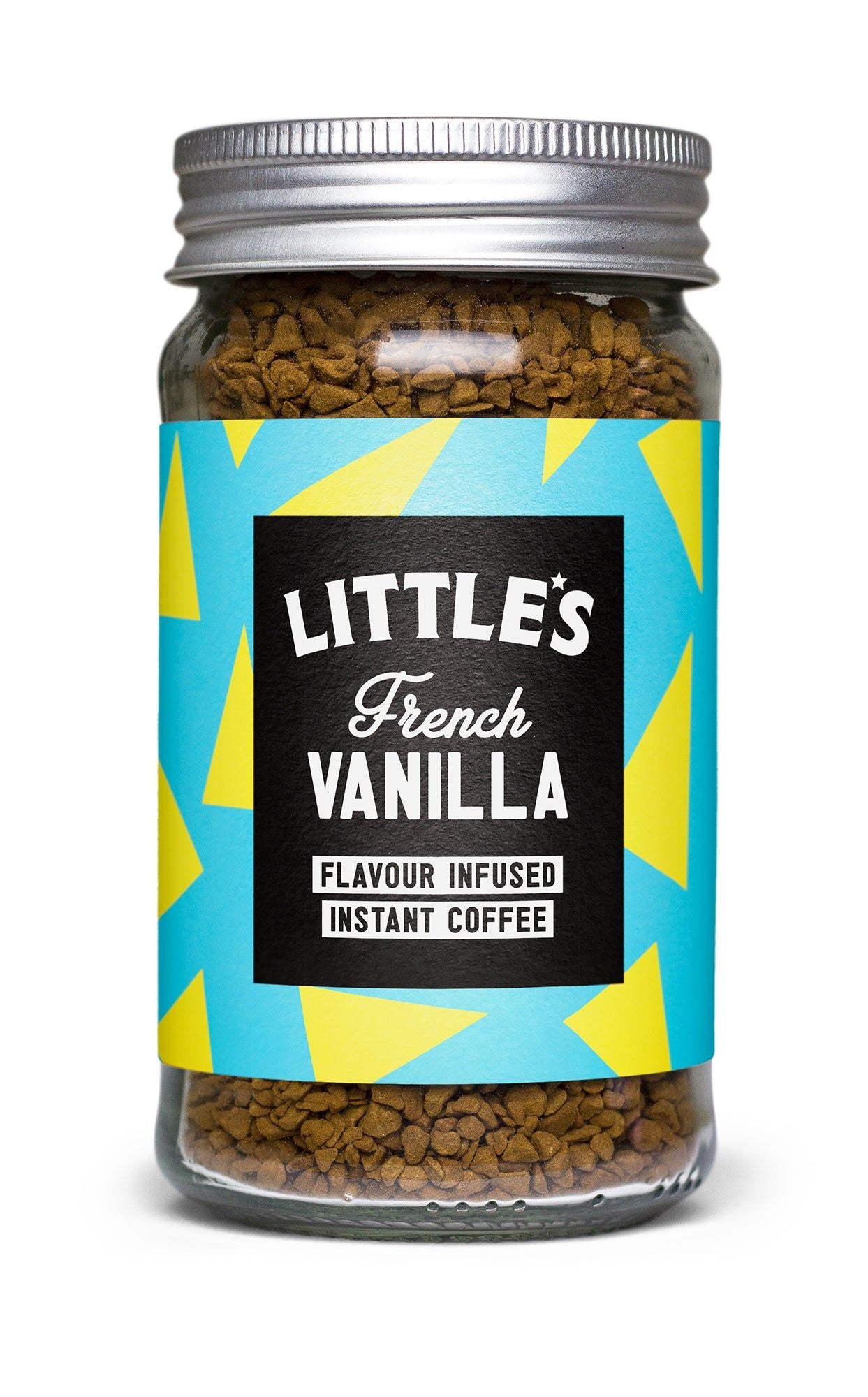 A jar of Littles French Vanilla Flavour Infused Instant Coffee with a blue and yellow label and a silver lid, filled with aromatic, granulated coffee. The jar is cylindrical and transparent glass. The lid has a metallic finish. The main label uses bold sans-serif white text for the brand name, smaller yellow text underneath, and other information in black or white. The background is plain white. No people or hands are visible.