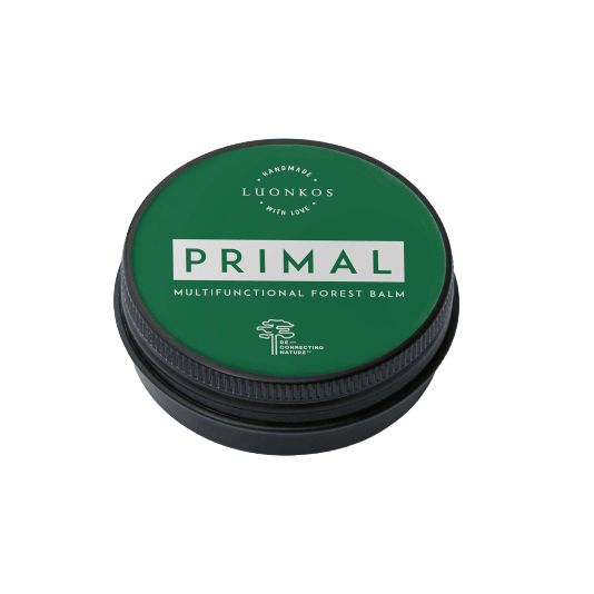 Luonkos PRIMAL Metsämikrobivoide; pyöreä metallipurkki mattavihreällä kannella, teksti "Primal Multifunctional Forest Balm by Luonkos" ja maininta luonnollisista ainesosista; purkki sileäkylkinen ja kannessa selkeästi painettu teksti; valkoinen tausta, kuvattu ylhäältä ilman ihmisiä tai muita esineitä.