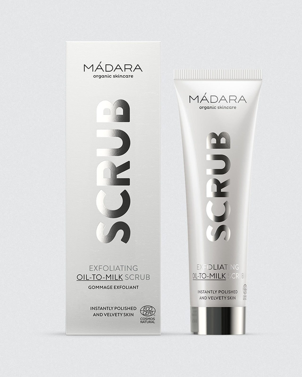 Madara Exfoliating Scrub Kuorintavoide; tuubi ja pakkaus vierekkäin