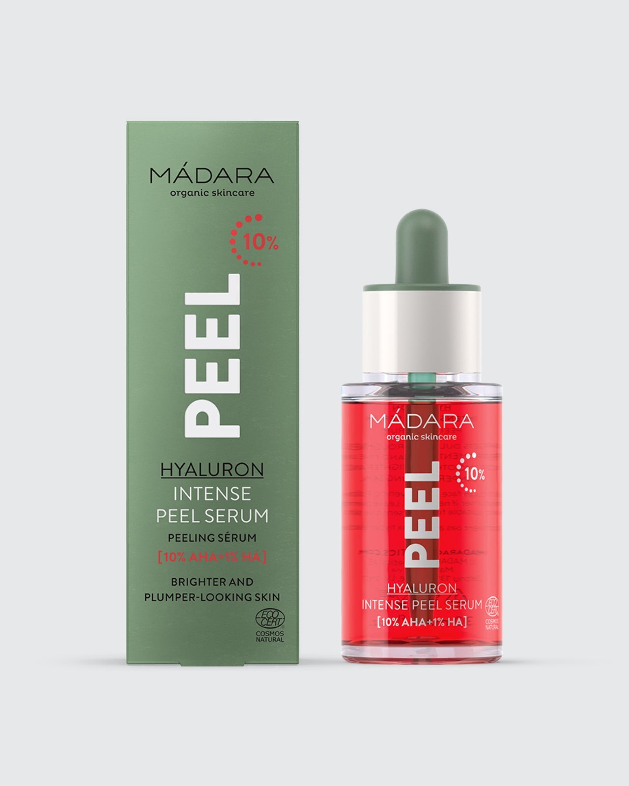 Madara PEEL Hyaluron Intense Kuoriva seerumi; pullo ja vihreä pakkaus vierekkäin