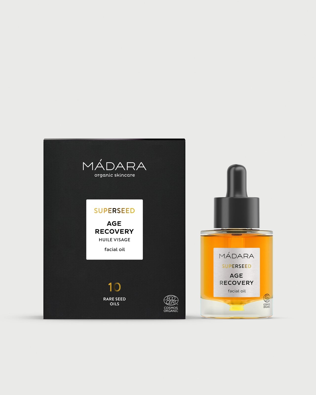 Madara Superseed Kasvoöljy Age Recovery; pipettipullo ja myyntipakkaus