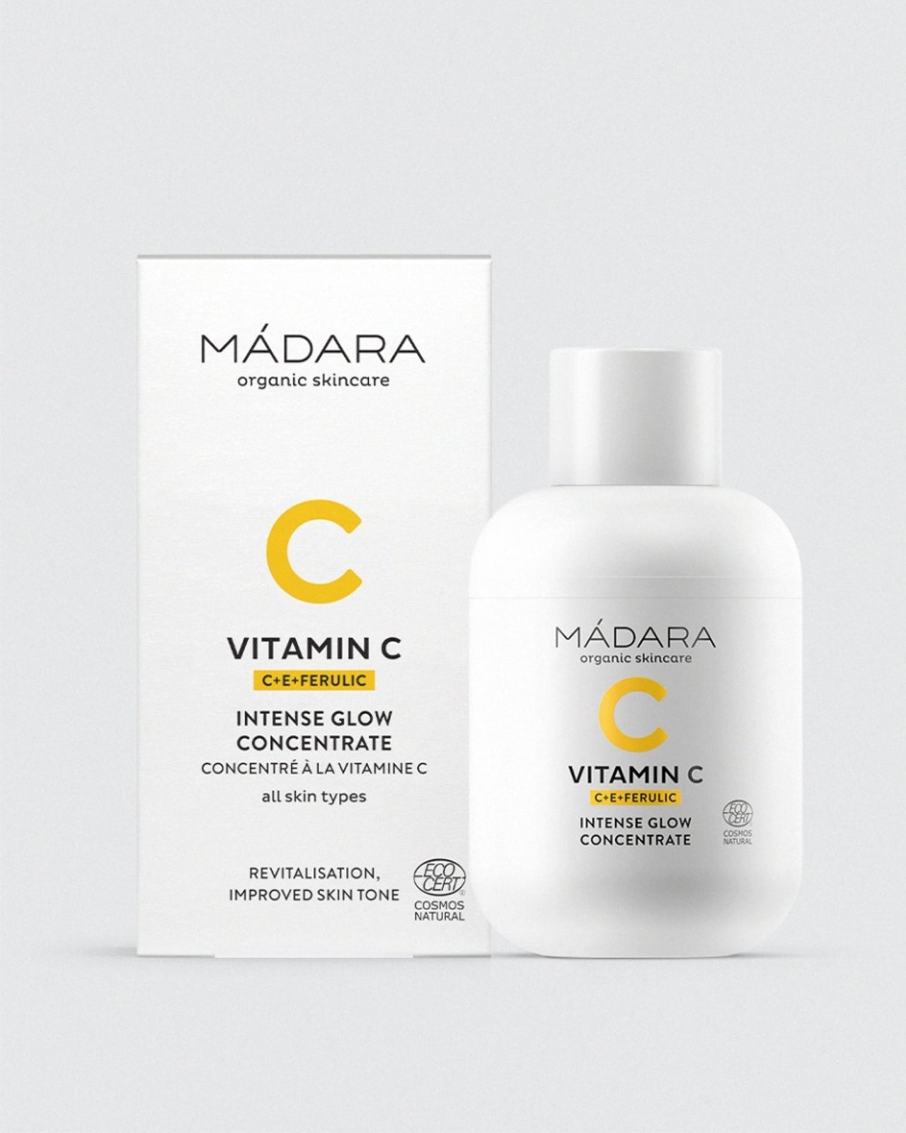 Madara Vitamin C Heleyttävä C-vitamiinikonsentraatti; pullo ja pakkaus vierekkäin