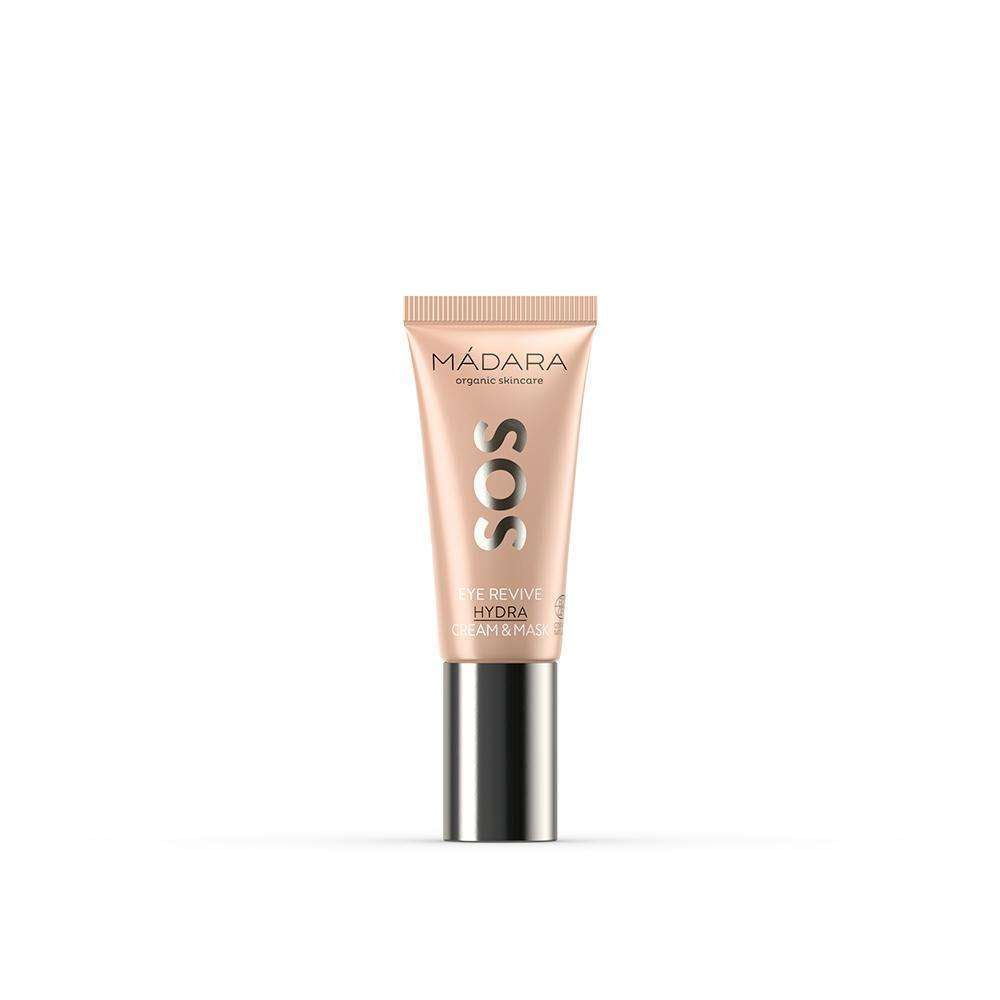 MÁDARA SOS Eye Revive Hydra Cream & Mask -putkilo, ruskehtavan sävyinen, pystyssä vaalealla taustalla; putkilo muovia, matta pinta, metallinen kansi; mustaa ja valkoista groteskitekstiä tuotenimestä ja tiedoista, painettu pystysuunnassa; ei ihmisiä, käsiä tai muuta rekvisiittaa.