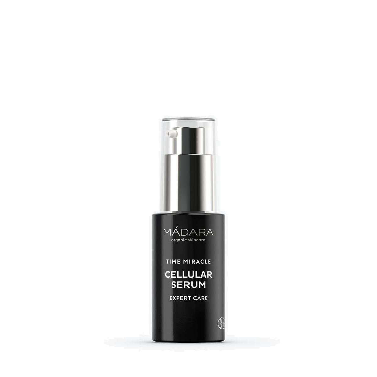 MÁDARA Time Miracle Seerumi -pullo, musta mattamuovi, sylinterinmuotoinen, pumppukorkki; valkoinen versaaligroteskiteksti "MÁDARA organic skincare TIME MIRACLE CELLULAR SERUM EXPERT CARE"