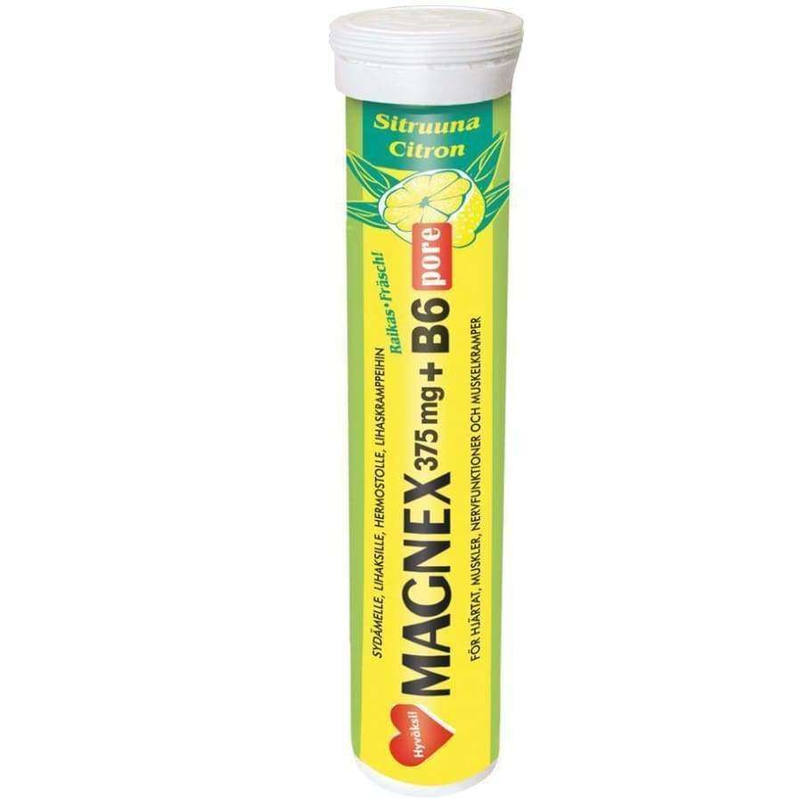 Magnex 375 mg + B6 Pore -poretablettipakkaus, keltainen, sitruunamaku, sitruunakuvia ja suomenkielinen teksti; sylinterinmuotoinen mattapintainen tuubi, lihavoitu groteskiteksti tuotenimelle