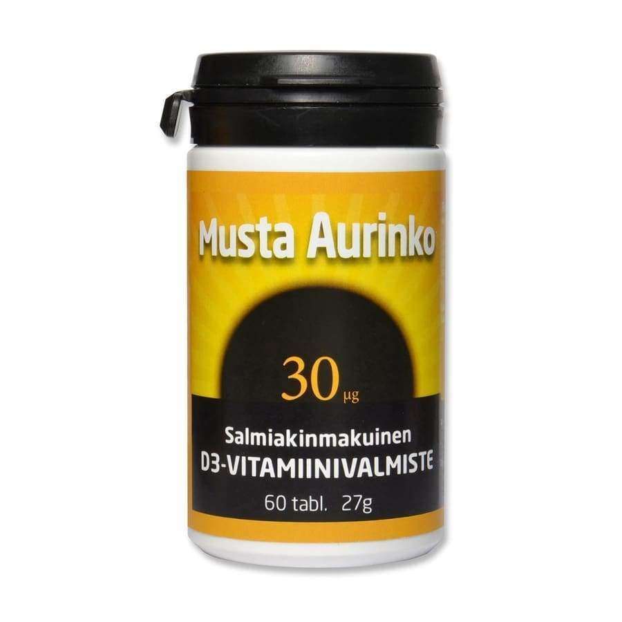 Musta Aurinko D3-vitamiini 30 mikrog -pullo, 60 tablettia (27 g), salmiakinmakuinen; valkoinen mattapintainen muovipullo mustalla kannella, mustakeltainen aurinkokuvitus etiketissä