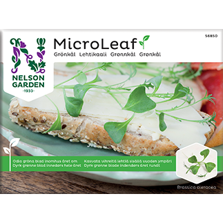 MicroLeaf-siemenpussi Nelson Gardenilta, valmistettu kiiltävästä paperista suorakulmaisessa muodossa. Kuvassa näkyy vihreitä lehtikaalinversoja leivän ja valkoisen juuston päällä. Typografia on lihavoitua ja pääteviivatonta. Monikielistä tekstiä on näkyvissä, ja siinä mainitaan versojen hyödyt. Tausta on vaalea ja yksivärinen. Ihmisiä tai käsiä ei näy.