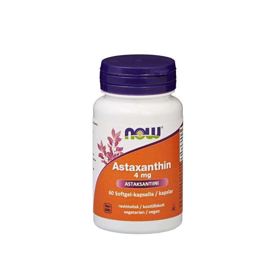 Now Foods Astaksantiini 4 mg -pullo, valkoinen, violetti muovikierrekorkki, kiiltäväpintainen oranssi suorakulmainen etiketti; lihavoitu valkoinen-keltainen groteskiteksti, antioksidanttituki, 60 pehmeäkapselia
