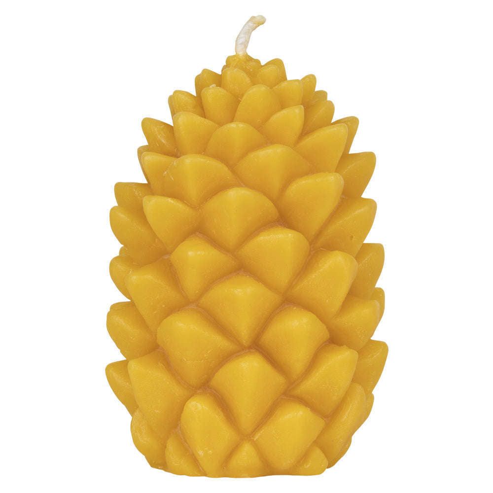 A yellow beeswax candle shaped like a pine cone, with detailed overlapping scales and a natural white wick at the top, standing upright against a white background. Matte finish. No labels, packaging, people, or text visible. Product centrally framed in isolated product shot.