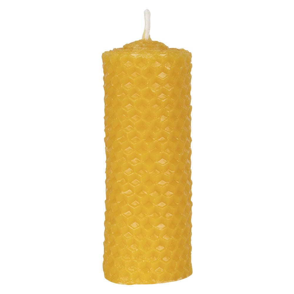 A tall, cylindrical yellow beeswax candle featuring a textured, honeycomb pattern and a white wick at the top. Matte surface finish with an even honeycomb texture over the entire candle. No visible packaging or label. Product is shown standing upright against a plain, light background in a full product photo. No people or other objects present.