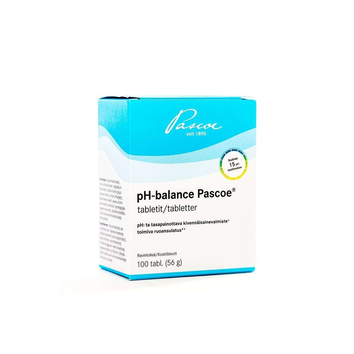 pH-balance Pascoe -tablettipakkaus; suorakulmainen, mattapintainen pahvirasia pääosin turkoosina ja valkoisena; brändinimi lihavoidulla groteskifontilla etusivulla; luettavissa tietoja 15 pH-testiliuskasta, 100 tabletista (56 g) ja mineraalilisän käytöstä; ei ihmisiä tai käsiä; kuvattu vaalealla taustalla.