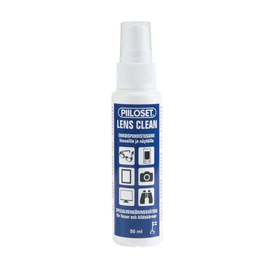 Piiloset LensClean -puhdistusainesuihke, 50 ml; valkoinen suihkepullo, jossa kuvakkeita silmälasien, näyttöjen, kameroiden ja kiikareiden puhdistukseen soveltuvuudesta; teksti usealla kielellä; lieriömäinen pullo kirkkaalla korkilla ja mattapinnalla; lihavoitua groteskitekstiä etiketissä; tuote keskitettynä vaalealla taustalla.