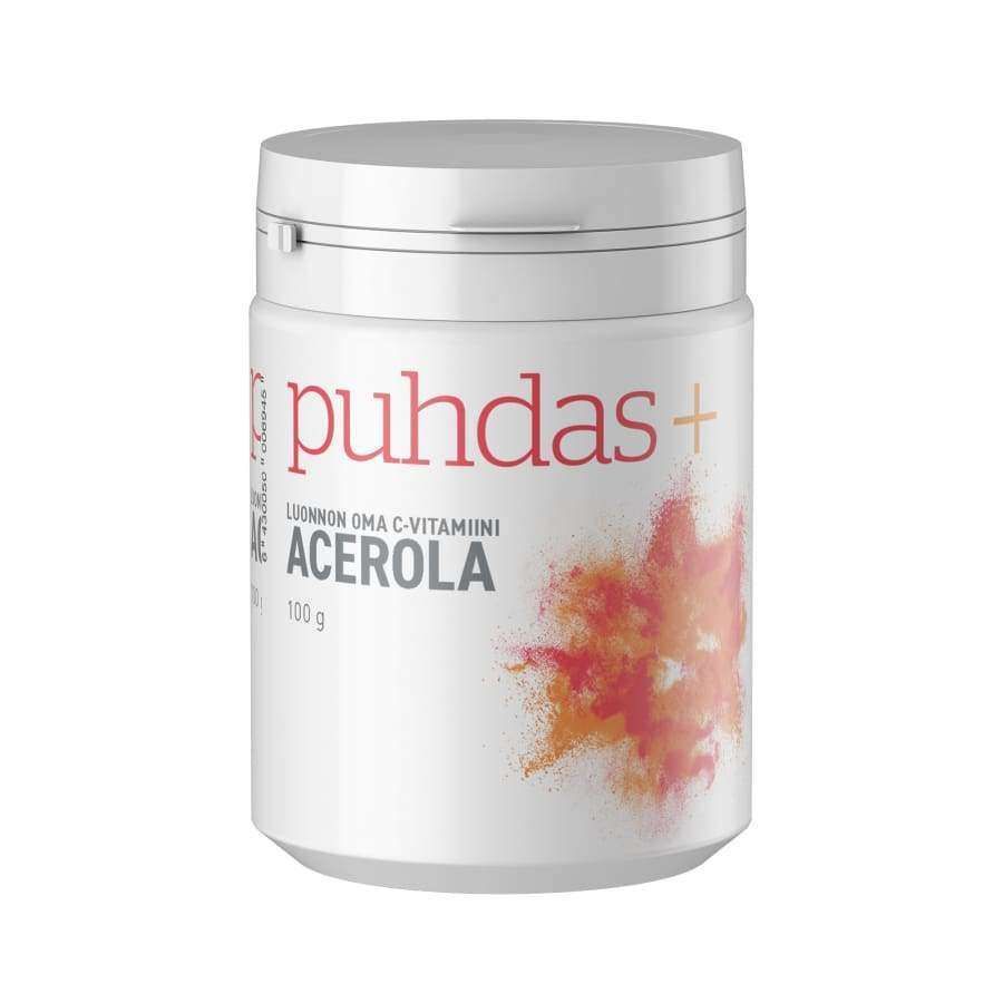 Puhdas+ Acerola-jauhe; valkoinen, lieriömäinen mattapintainen purkki; etiketissä "puhdas+ ACEROLA" selkeällä ja modernilla groteskifontilla sekä tyylitelty oranssi-punainen jauhekuvitus; lisätekstissä mainitaan 100 g sisältö ja luonnollinen asserola-C-vitamiinilisä; ei ihmisiä tai käsiä; neutraali tausta.