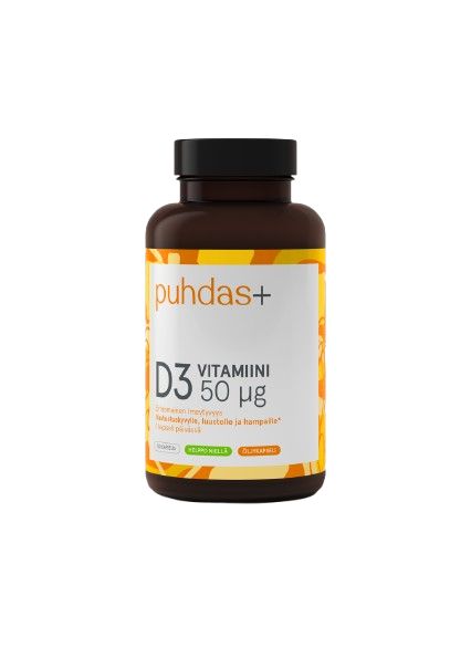 A brown plastic bottle with a matte finish and a black screw cap is positioned upright. The label is predominantly white with an orange band, featuring sans-serif type in varying sizes. The label reads: puhdas+ D3 Vitamiini 50 µg; other small Finnish text is visible. There are no people or objects present. The background is completely plain white.