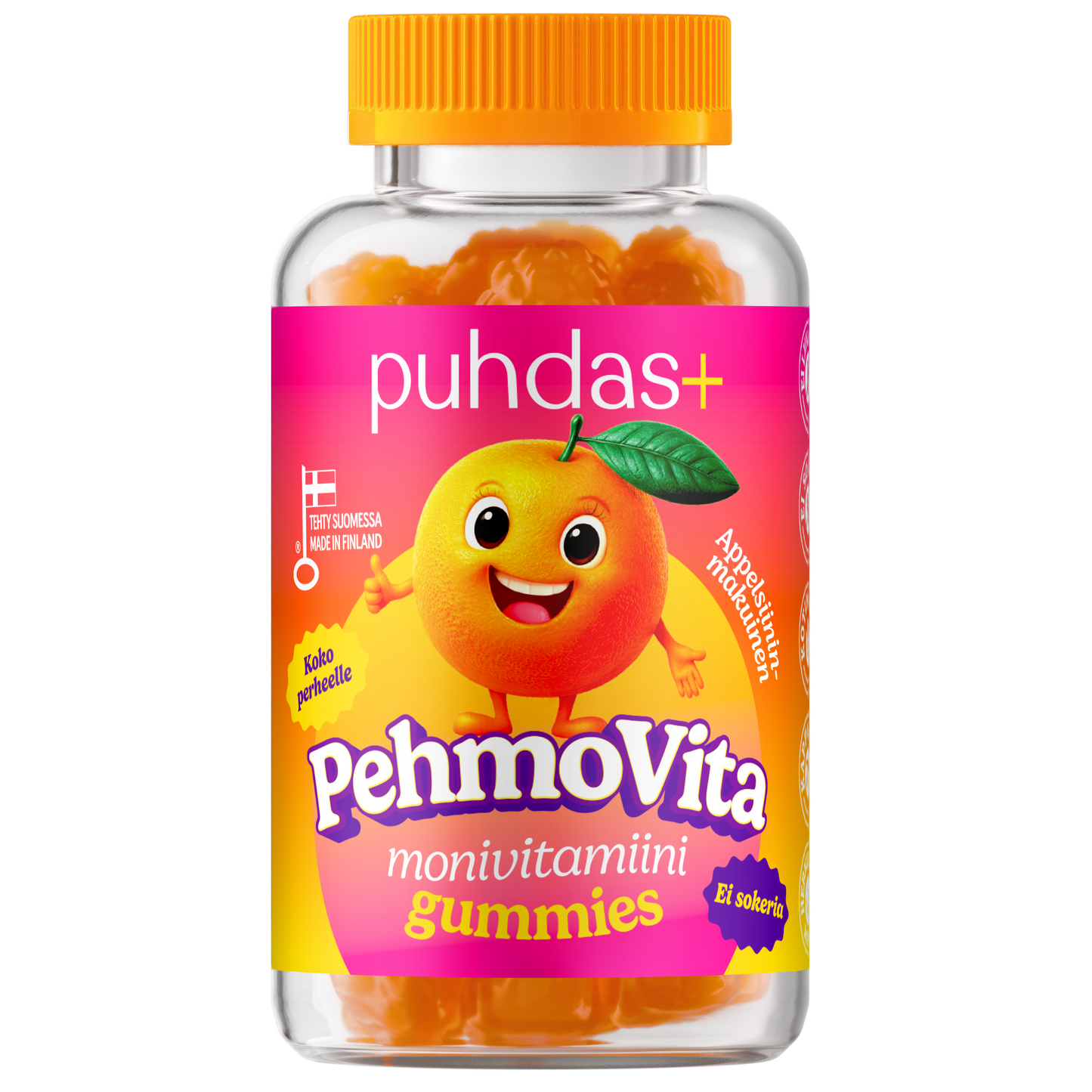Puhdas+ PehmoVita Appelsiini; pullo Puhdas+ PehmoVita -monivitamiinipurukumia, mattapintainen valkoinen muovi ja sylinterinmuoto, täynnä pieniä oranssinvärisiä purukumeja; etiketissä hymyilevä oranssi sarjakuvahahmo ja suomenkielistä tekstiä lihavalla groteskilla, aseteltu pääosin vaakasuoraan; sekä tuote että pakkaus valkoista taustaa vasten.