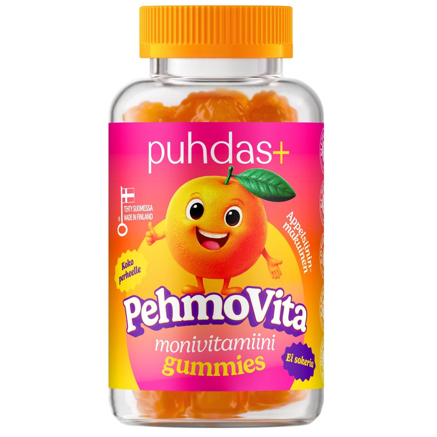 Puhdas+ PehmoVita Appelsiini; pullo Puhdas+ PehmoVita -monivitamiinipurukumia, mattapintainen valkoinen muovi ja sylinterinmuoto, täynnä pieniä oranssinvärisiä purukumeja; etiketissä hymyilevä oranssi sarjakuvahahmo ja suomenkielistä tekstiä lihavalla groteskilla, aseteltu pääosin vaakasuoraan; sekä tuote että pakkaus valkoista taustaa vasten.