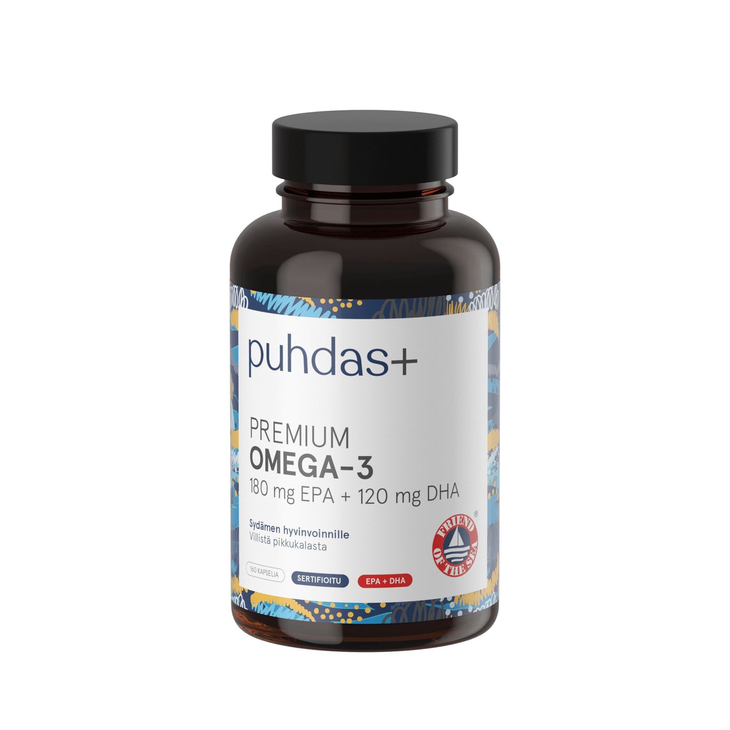 A brown plastic bottle with a matte finish and black screw cap is shown upright. The front label reads âpuhdas+ PREMIUM OMEGA-3 contains 180 mg EPA and 120 mg DHAâ and displays a circular USA seal. Label design includes blue, yellow, and white geometric accents. Sans-serif font is used for the text. The background is plain white, with no people or hands visible in the shot.