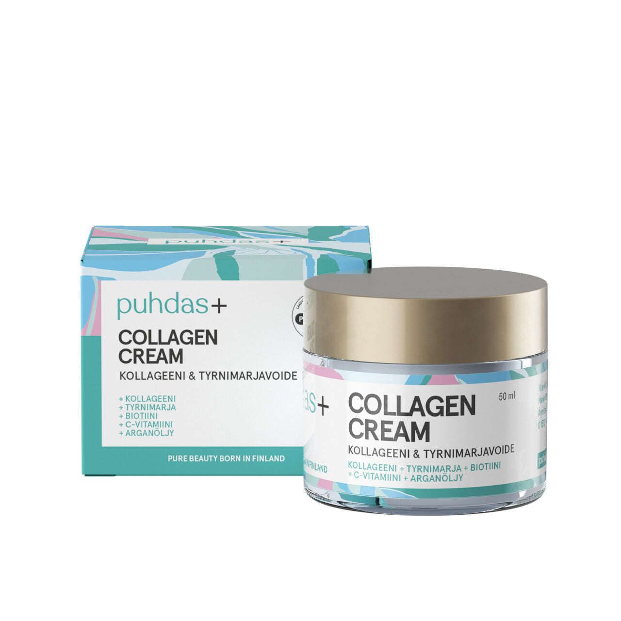 Puhdas+ Collagen Cream -purkki ja pakkaus, värikäs designi; pakkaus pääosin valkoinen oranssein, keltaisin, pinkein ja turkoosein korostuksin; molemmat esineet suorakulmaisia sileine pintoineen, purkin kansi valkoinen ja mattapintainen; lihavoitua tekstausvapaata typografiaa etiketissä; etiketissä korostetaan kollageenia, tyrniä, biotiinia, C-vitamiinia ja hoitavaa arganöljyä; purkki sisältää 50 ml; tausta valkoinen, tasaisesti valaistu.
