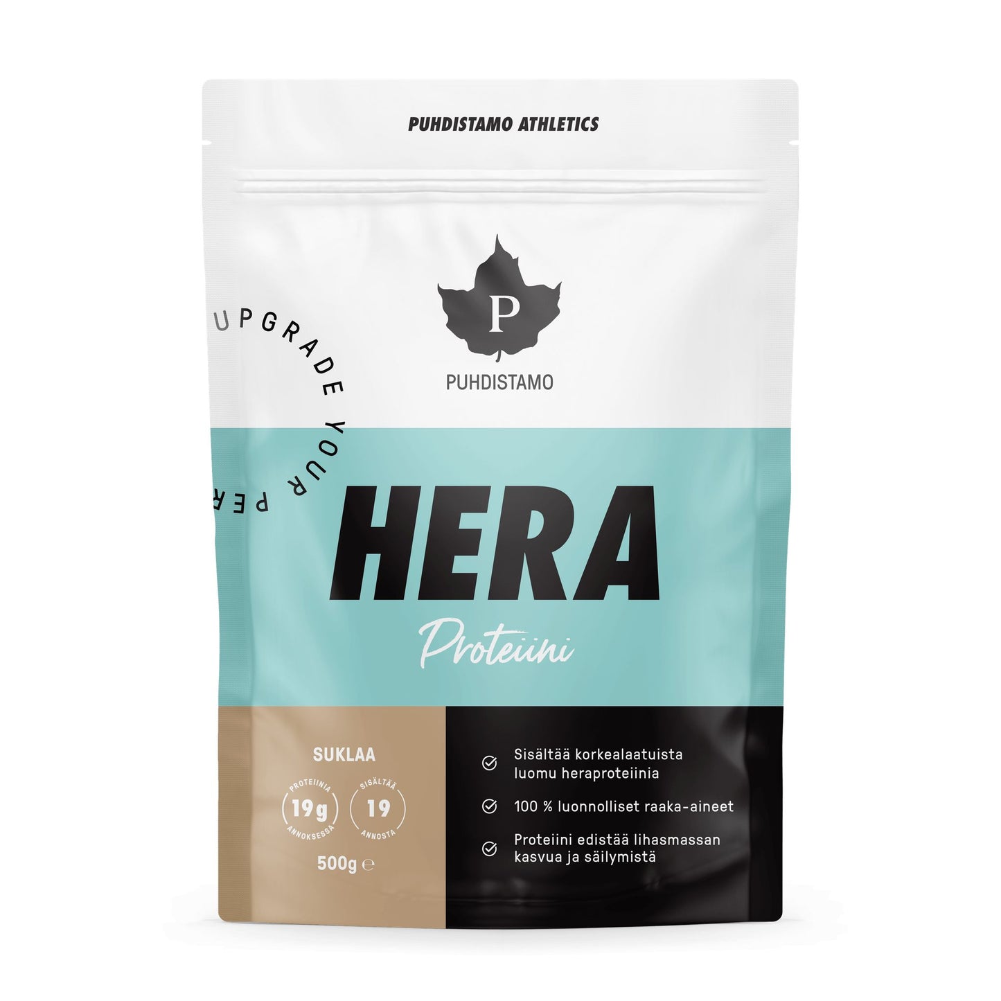 Puhdistamo Heraproteiini Suklaa; 500 g pussi Puhdistamo HERA -heraproteiinijauhetta, suklaanmakuinen, turkoosin, mustan ja valkoisen mattapintainen pakkaus lihavoiduin groteskitekstein; etiketissä suomenkielisiä tuotetietoja; pussi suorakulmainen uudelleensuljettavalla yläreunalla, seisoo pystyssä; ei ihmisiä tai käsiä; neutraali tausta, studiotyylinen tuotekuva.