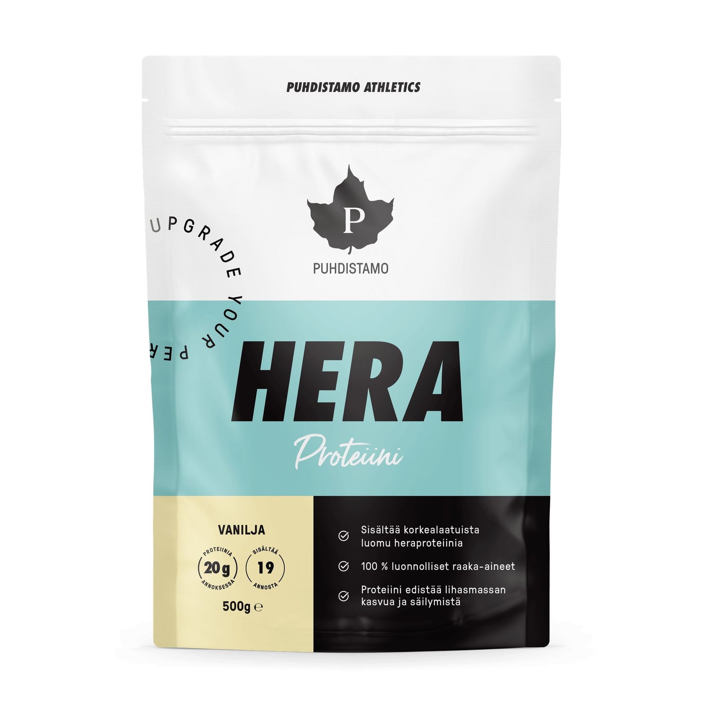 Puhdistamo Heraproteiini Vanilja; 500 g pussi Puhdistamo HERA-vaniljanmakuista heraproteiinijauhetta, valkoinen, turkoosi ja musta suunnittelu suomenkielisin tuotetiedoin ja ravintokuvakkein etuosassa; pussi suorakulmainen mattapinnalla; etiketissä lihavoitua groteskitypografiaa brändinimelle ja tuotetiedoille; kuvassa vain pakkaus yhtenäistä valkoista taustaa vasten, ei ihmisiä tai lisäesineitä.