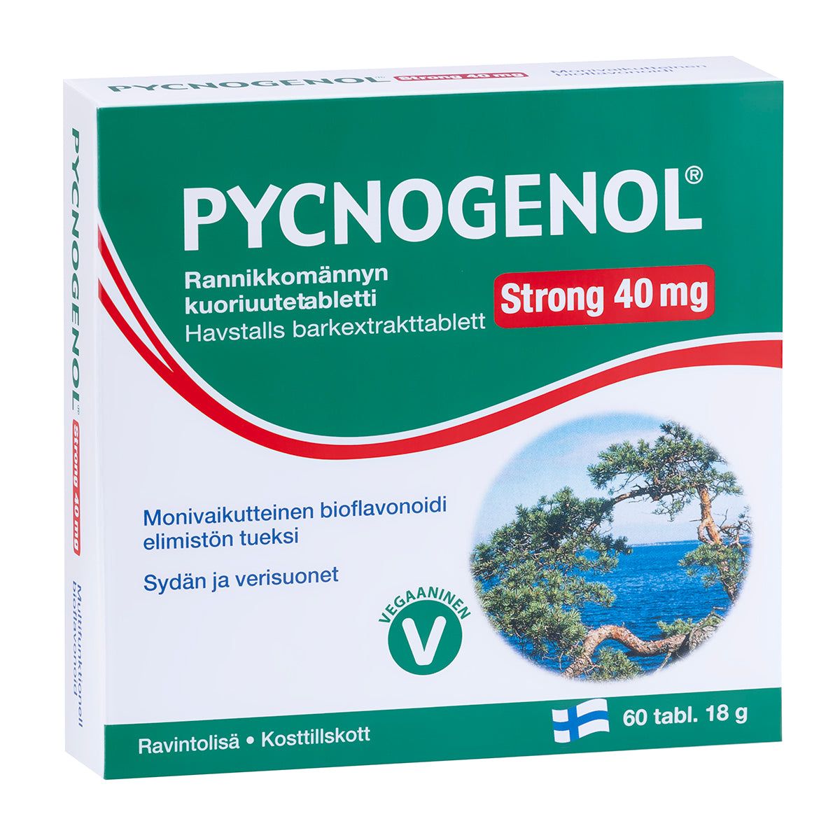 Pycnogenol Strong 40 mg -tablettipakkaus, teksti suomeksi ja ruotsiksi, kuva mäntypuusta meren rannalla, 60 tablettia; sininen-valkoinen mattapintainen rasia
