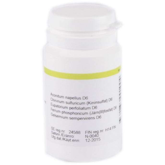 Rhus Tox Alfaplex H 98 FIN -homeopaattipullo, valkoinen, ainesosaluettelo (mm. Aconitum napellus D6, Chininum sulfuricum D6) ja rekisteröintitiedot alla; sylinterinmuotoinen mattamuovipullo, kierrekorkki, musta groteskiteksti
