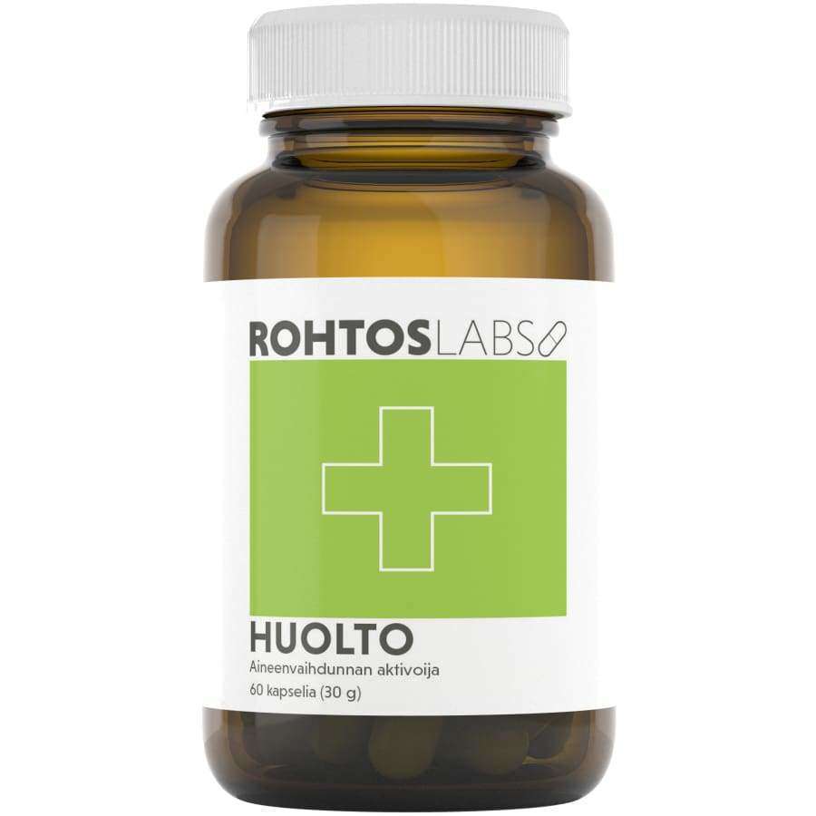 Ruskea, lieriömäinen muovipullo kierrekorkilla, pinta mattainen. Etiketissä lukee lihavoidusti ROHTOS LABS HUOLTO, vihreä neliö jossa valkoinen lääketieteellinen risti, sekä annostustiedot (60 kapselia, 30 g) selkeästi painettuna. Tausta on vaalea ja yksivärinen, eikä muuta rekvisiittaa näy. Pullo tukee arjen hyvinvointia.
