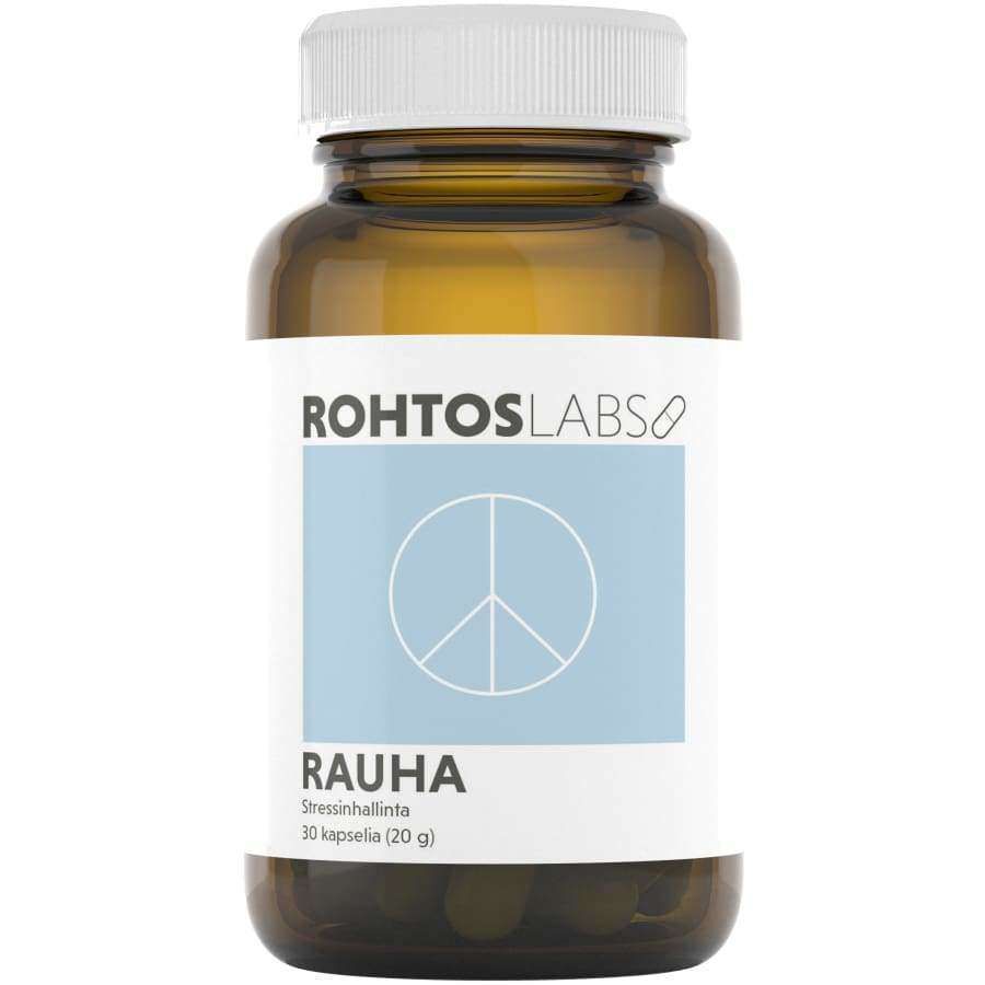 Rohtos Labs Rauha; ruskea lasipullo valkoisella korkilla ja sinisellä suorakulmiolla, jossa valkoinen rauhansymboli; etiketissä maininta 30 kapselista, 20 g, valmistanut Rohtos Labs; pullo lieriömäinen, sileä ja kiiltävä pinta; etiketti suuraakkosin, pääosin mustaa tekstiä; tuote kuvattu vaalealla taustalla, ei ihmisiä tai muita esineitä.