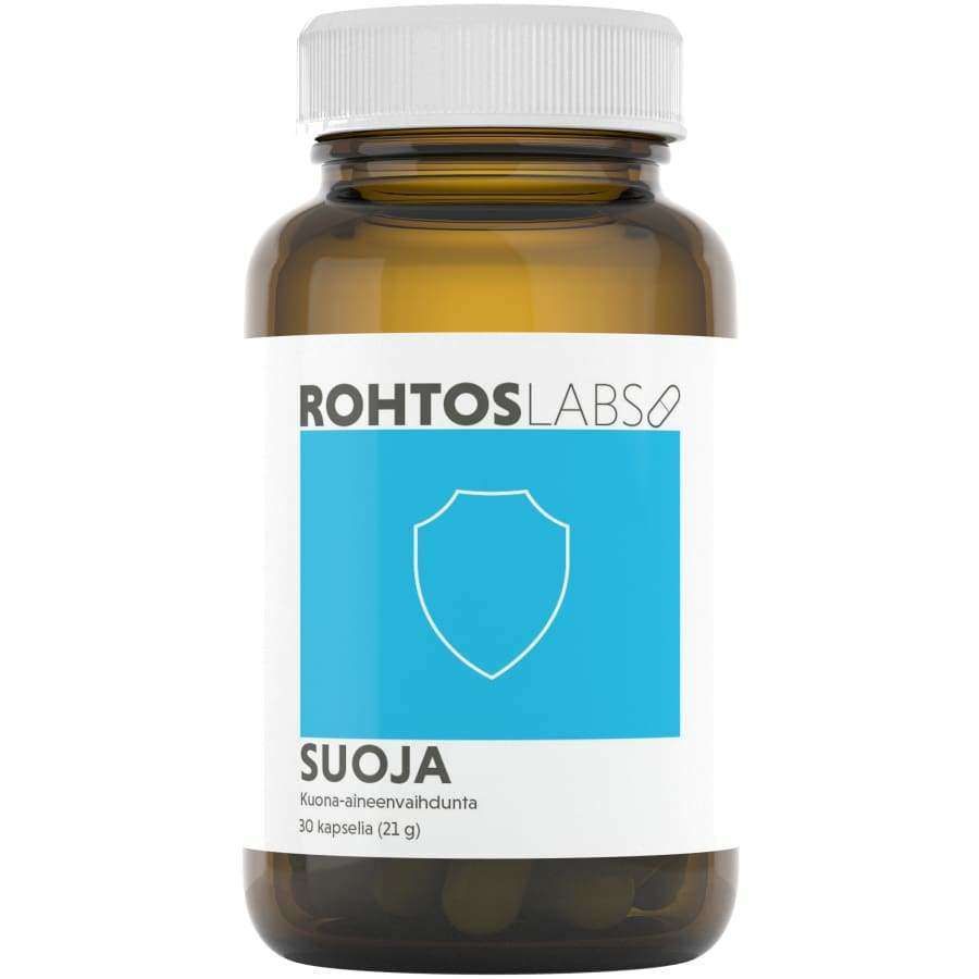 Rohtos Labs Suoja; ruskea tablettipurkki sinisellä kilpikuvakkeella etusivulla; lieriömäinen muovipurkki, valkoinen uritettu kierrekorkki, 30 kapselia näkyvissä sisällä; brändi- ja tuotenimi lihavoidulla groteskifontilla; vaalea tausta ilman lisärekvisiittaa tai ihmisiä; studiotyylinen tuotekuva.