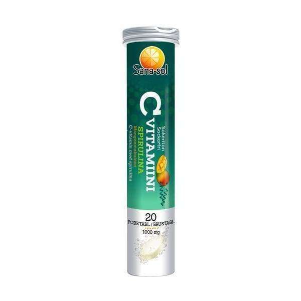 Sana-sol C-vitamiinipore Spirulina-Mango -poretablettituubi, 20 tablettia (kukin 1000 mg C-vitamiinia ja spirulinaa); valkoinen, sylinterimäinen ja kiiltäväpintainen muovituubi värillisellä muovikorkilla; etiketissä sitruuna- ja appelsiinikuvituksia sekä lihavoitua, selkeää tekstausvapaata tekstiä; kuvattu yksiväristä taustaa vasten, ei ihmisiä tai käsiä näkyvissä.